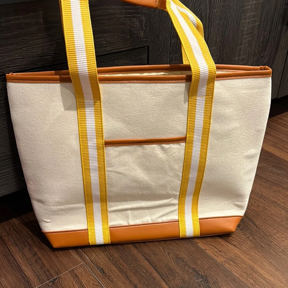 Stylish Canvas Cream and Tan Tote Bag with striped yellow/ white straps NWOT - Picture 3 of 9